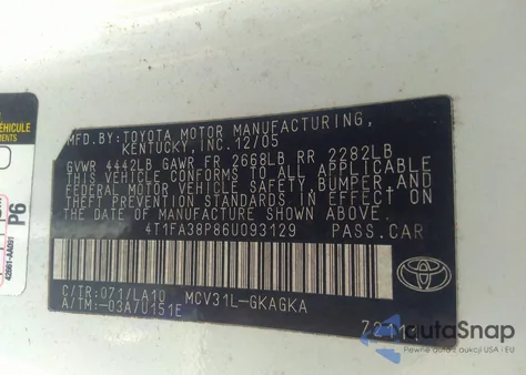 2006 Toyota Camry Solara Sle z USA, uszkodzony, nr VIN 4T1FA38P86U093129